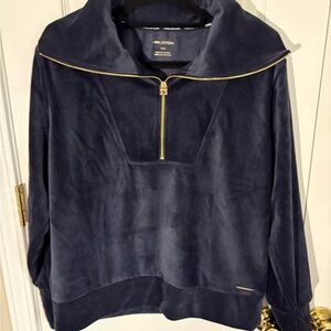 Halston Navy Velour Quarter Zip Pullover Gold Zip Lounge Top M